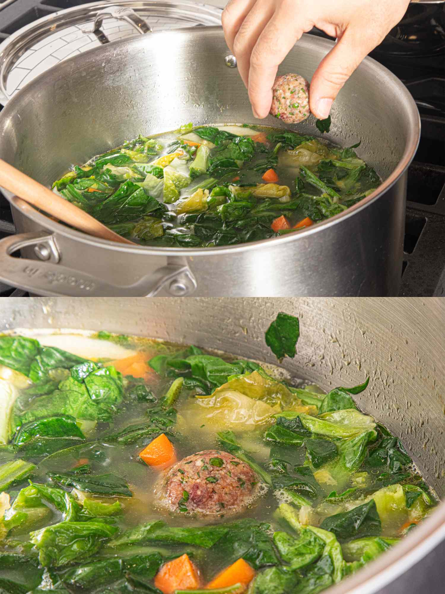 Sequential images of making Italian wedding soup with a hand adding a meatball to a pot and a closer look at the soups ingredients