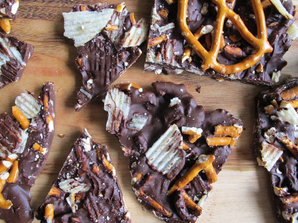smoked salt, pretzel, and potato chip chocolate bark