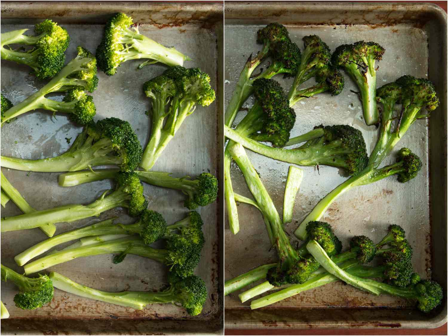 Collage of photos of broccoli florets on a sheet pan, before and after broiling