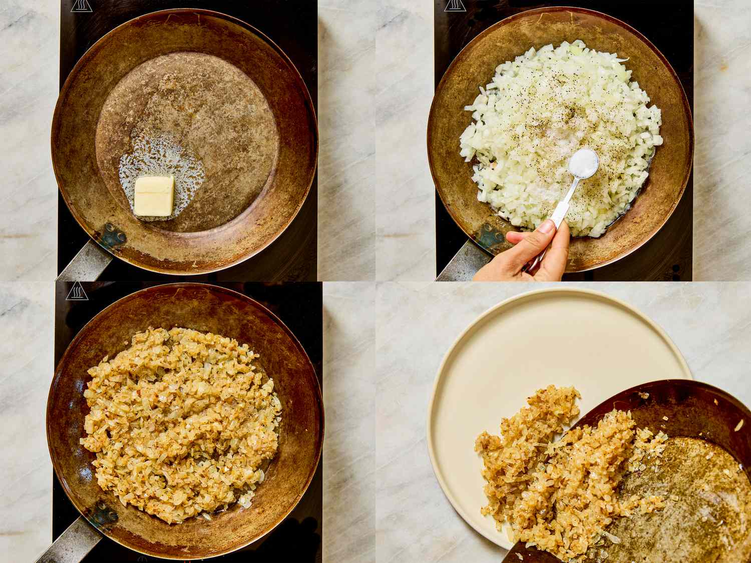 A fourstep process for cooking toasted rice in a pan