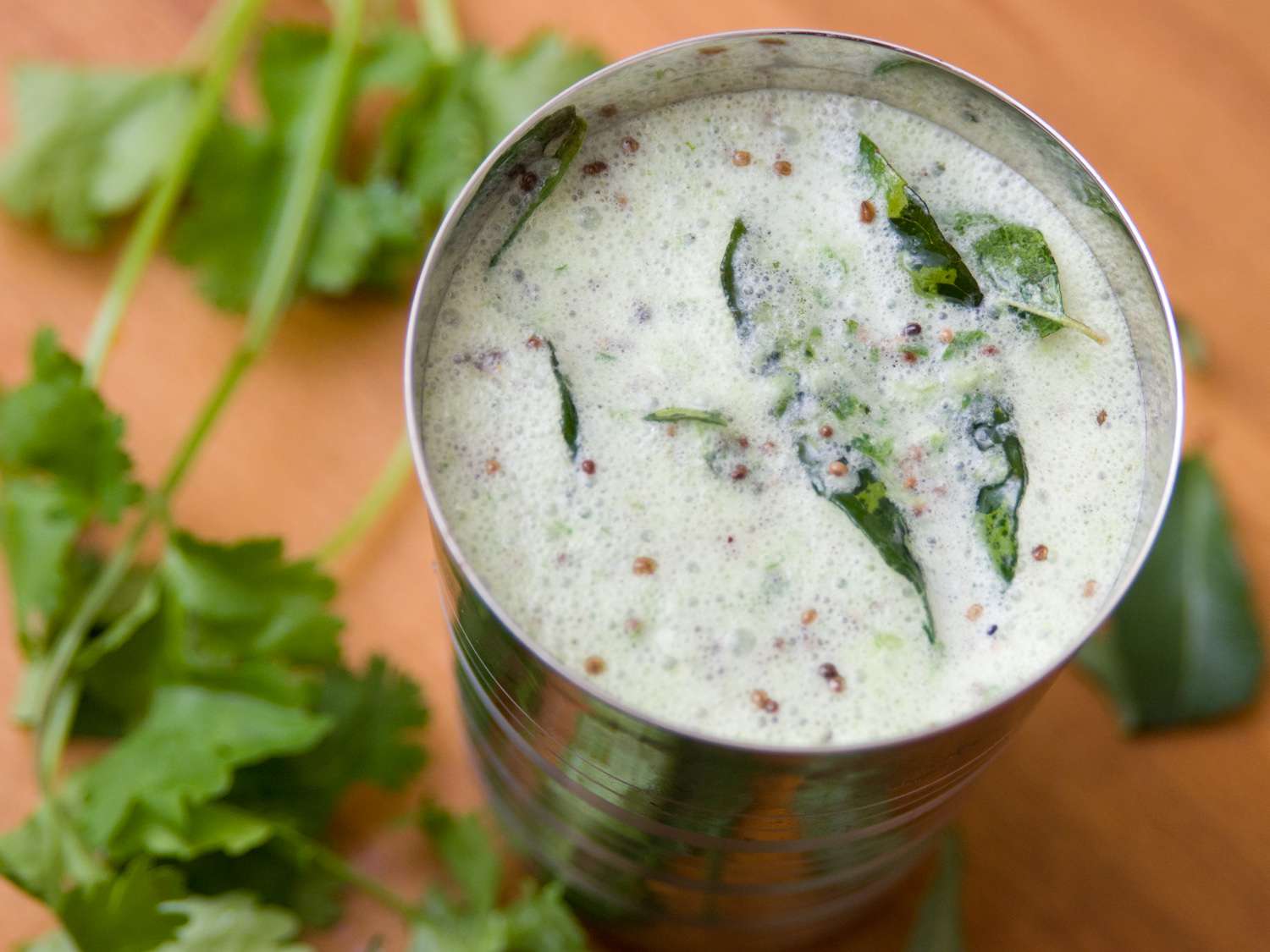 Neer More (South Indian-Style Spiced Buttermilk) with curry leaves floating on top