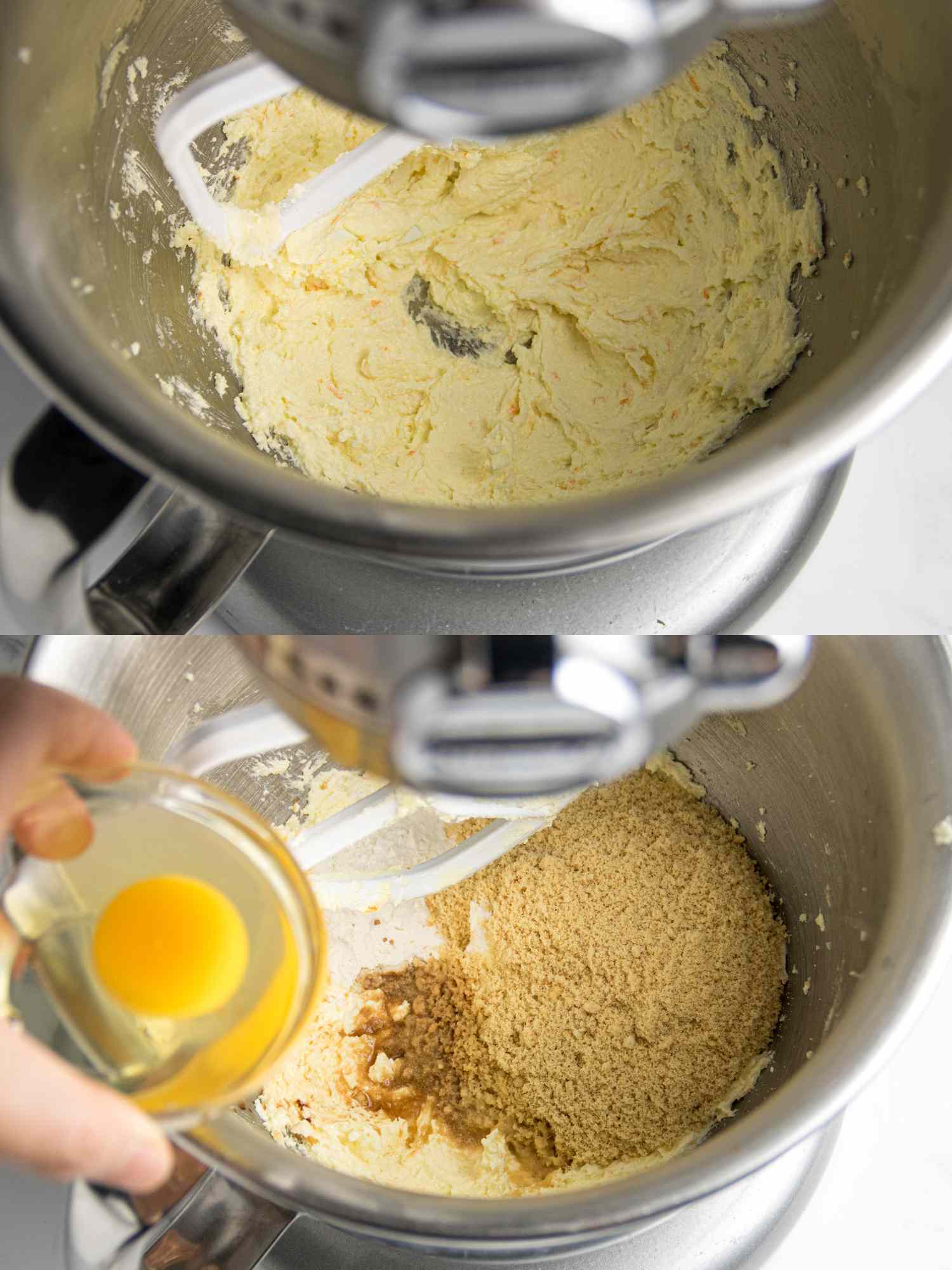 2 image collage. Top: butter, sugar and orange zest beat together in stand mixer. Bottom: adding egg, brown sugar, and dry ingredients in stand mixer 