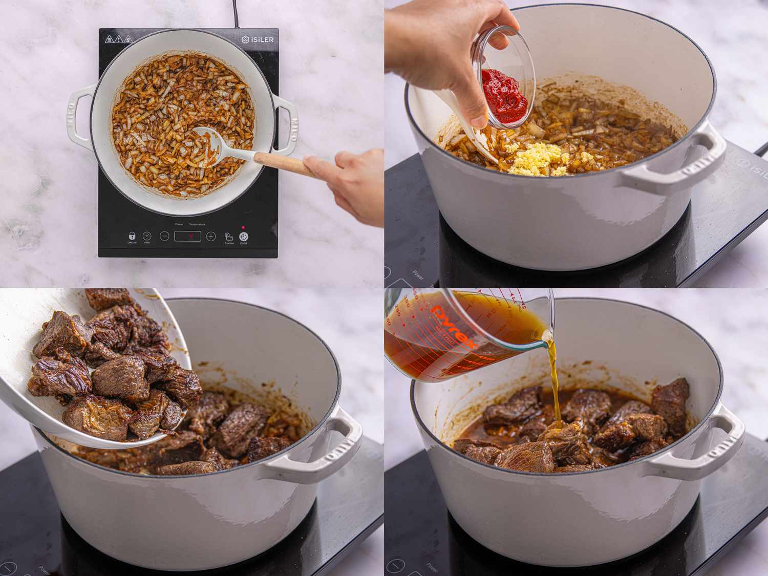 4 image collage. Top left: onions cooked until browned. Top right: adding tomato paste and garlic to stew. Bottom left: adding cooked meat back to dutch oven. Bottom right: adding broth to stew 