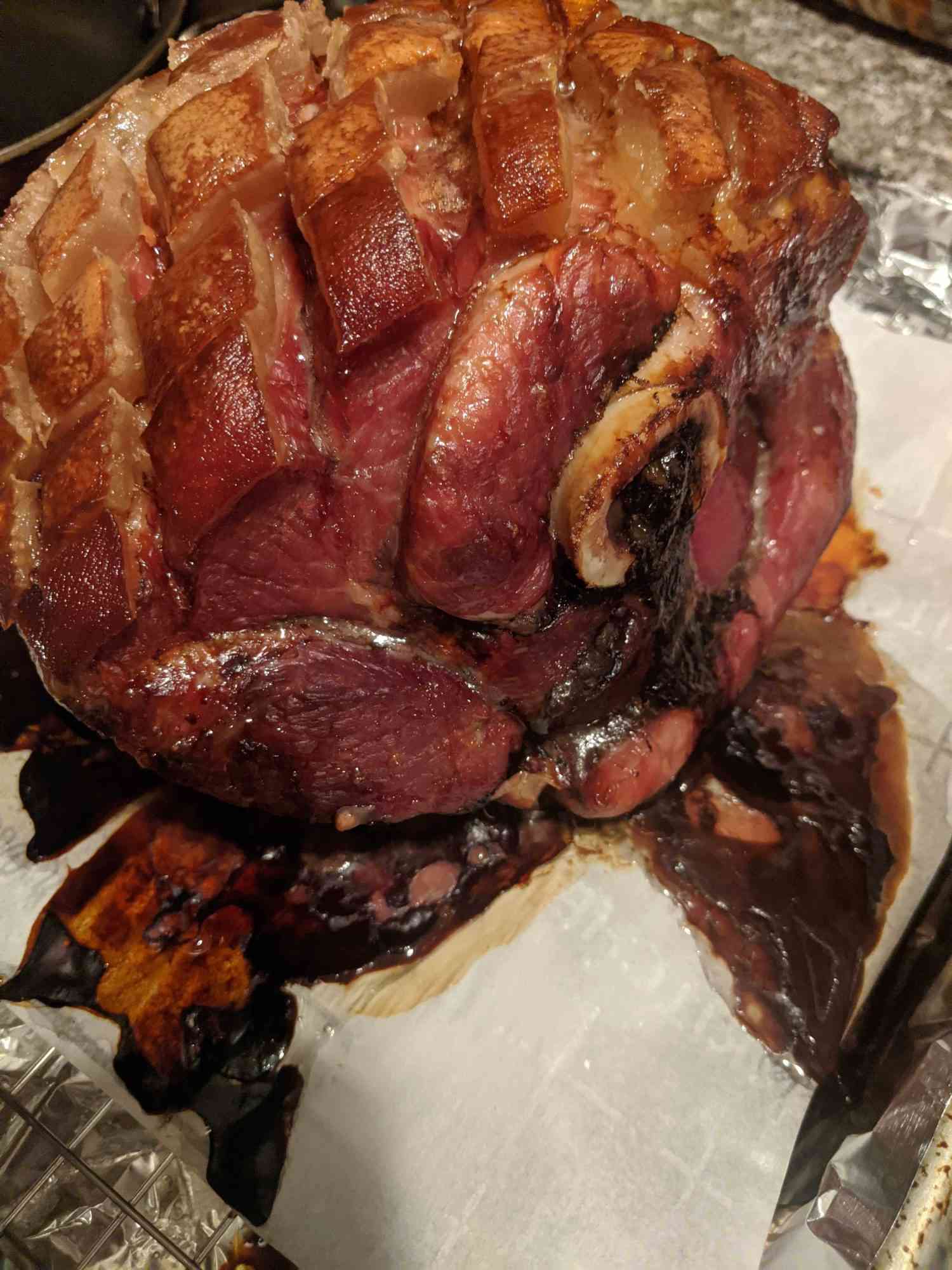 Side view of a slow-roasted crispy pork shoulder
