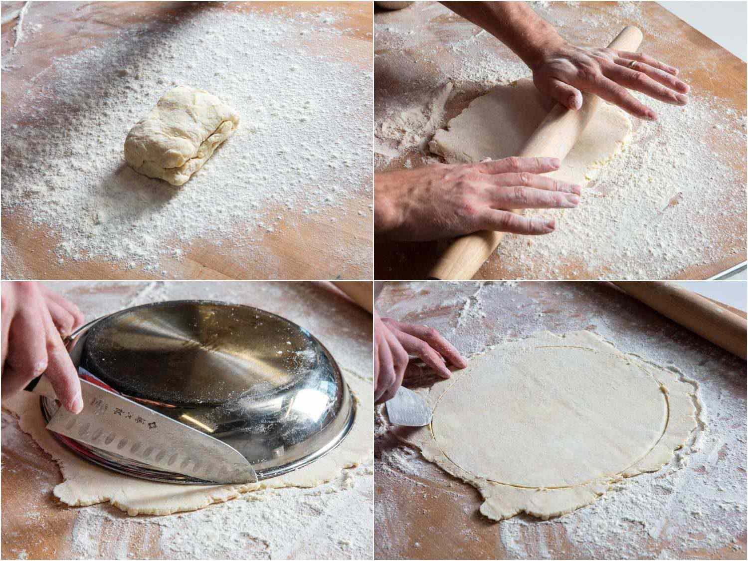 Photo collage of rolling out pie dough and trimming it into a round by using an inverted skillet as a guide.