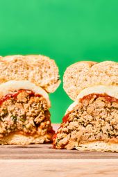 Meatball sub sliced in half.