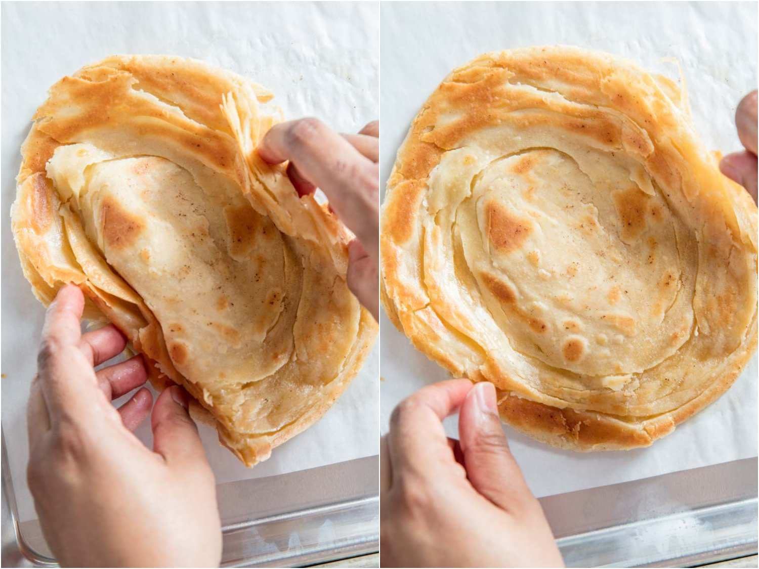 Collage of 2 images: Two hands on the sides of a cooked paratha, scrunching it gently to release steam.