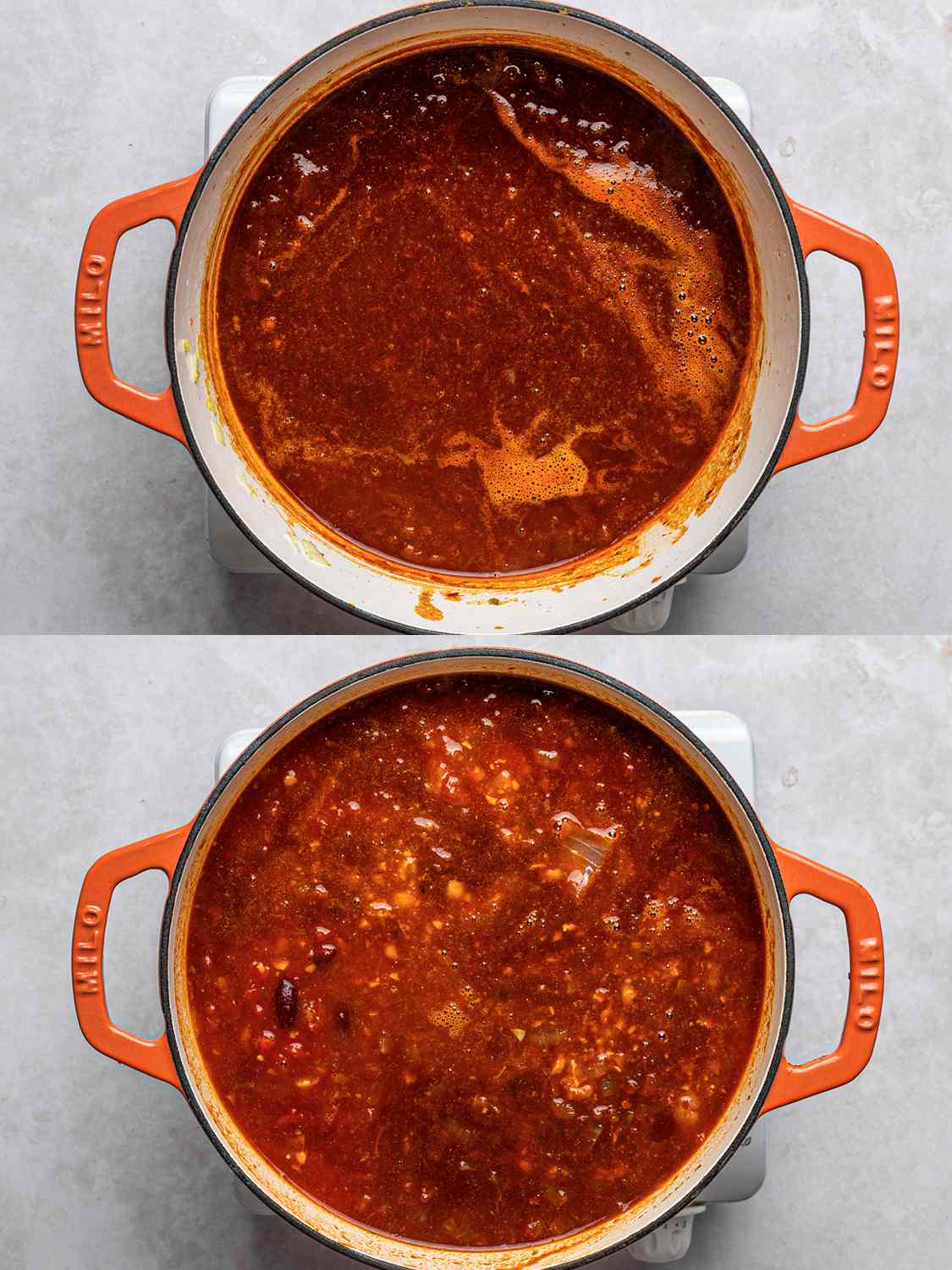 A two-image collage. The top image purÃ©ed chiles, soy sauce, and marmite stirred into onions inside the Dutch oven. The bottom image shows the reserved chickpea/tomato water mixture, chopped chickpeas, and kidney beans combined with the contents of the Dutch oven.