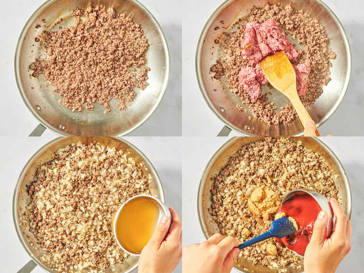 Steps for cooking sloppy joe filling in a skillet