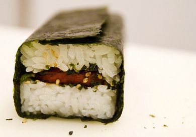 Spam musubi on a white surface