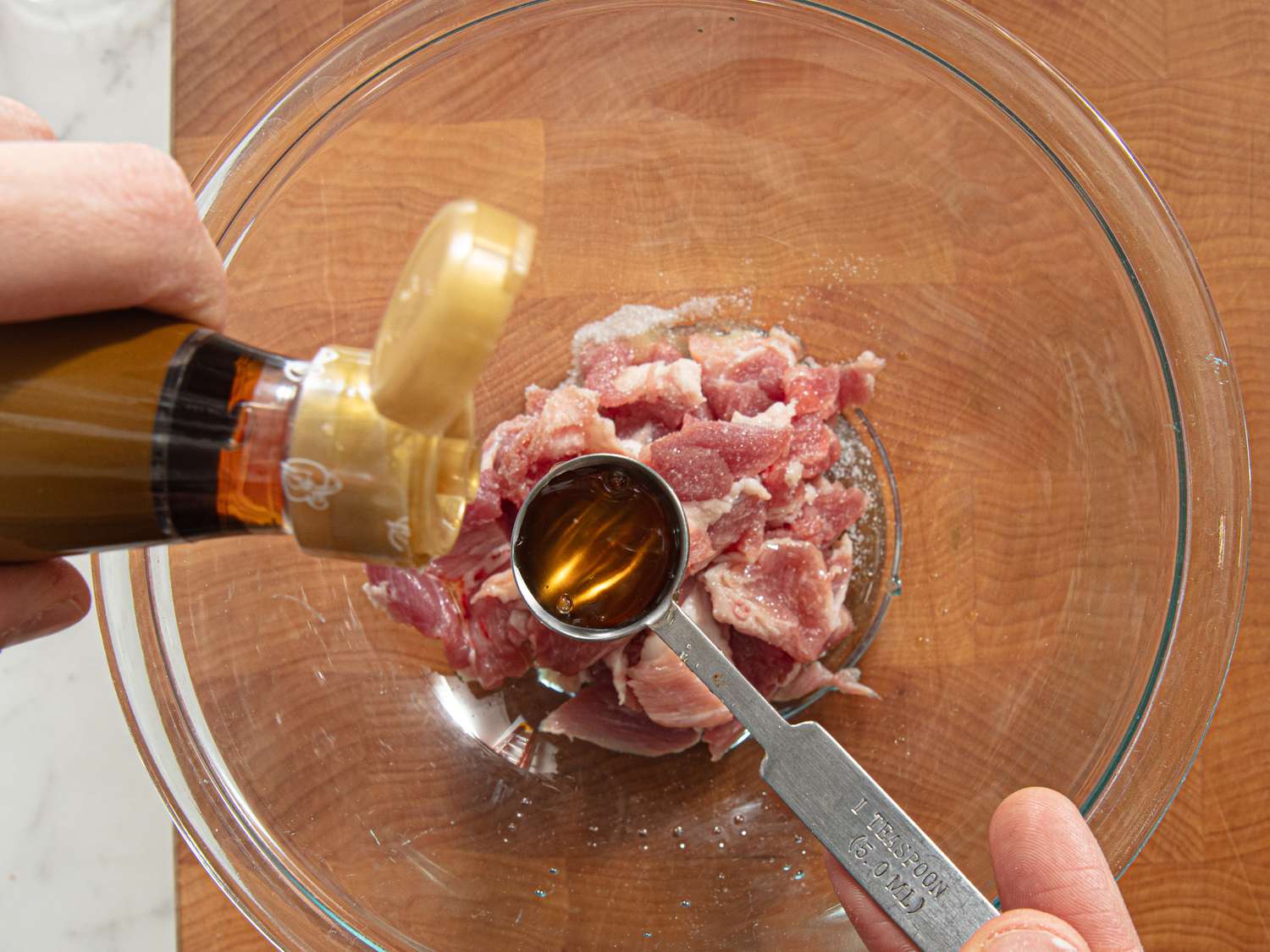 Overhead of marinating pork