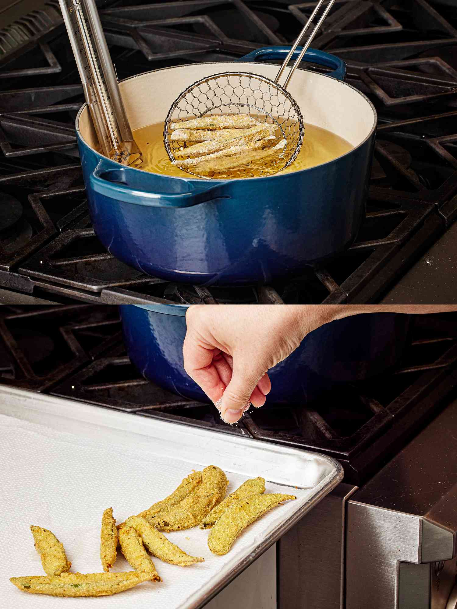 2 image collage. Top: Fried okra being taken out of oil to drain with a spider strainer spoon Bottom: Salting fried okra thats on a paper towel lined sheepan