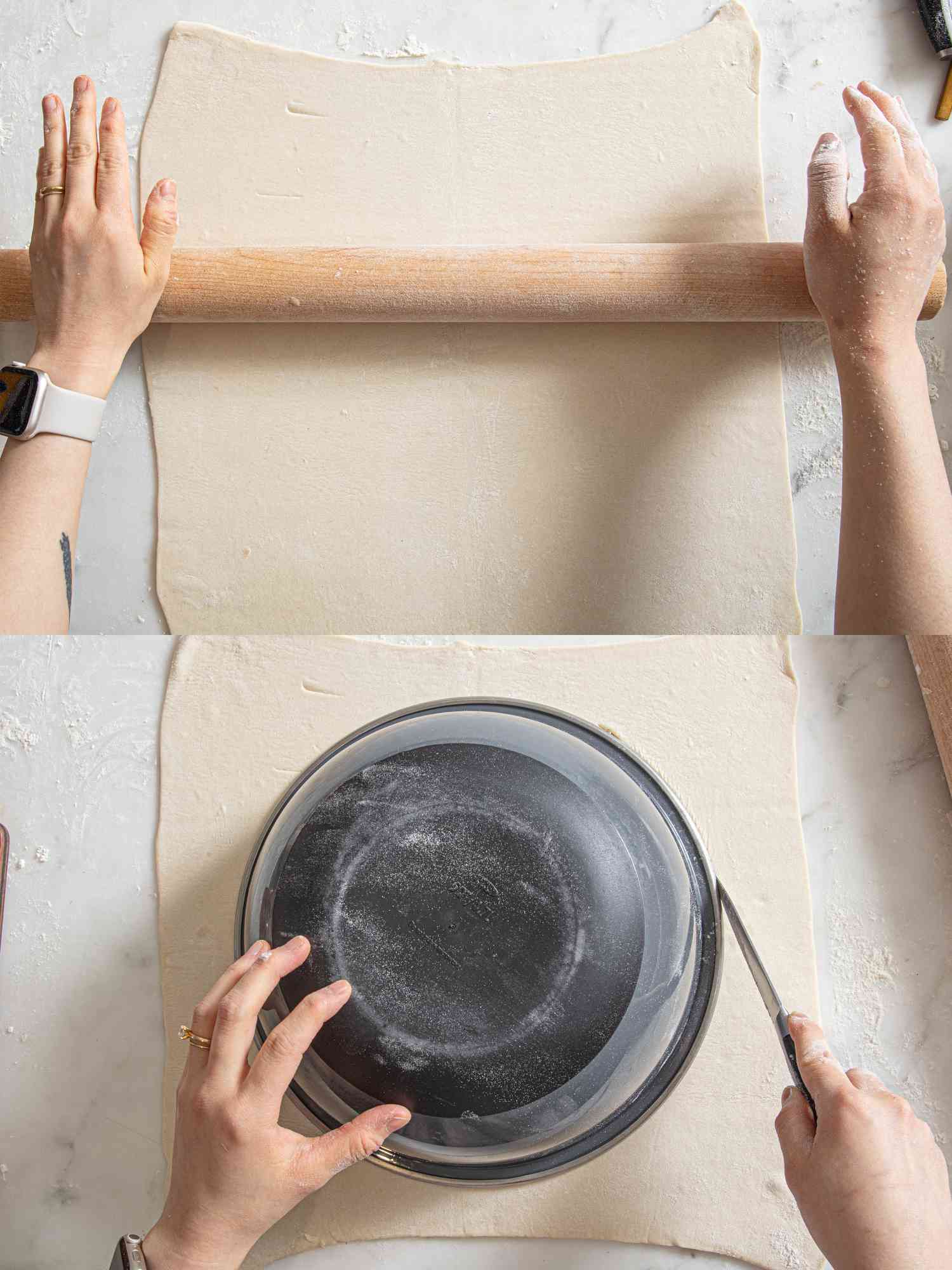 Overhead view of rolling out dough and cutting a circle