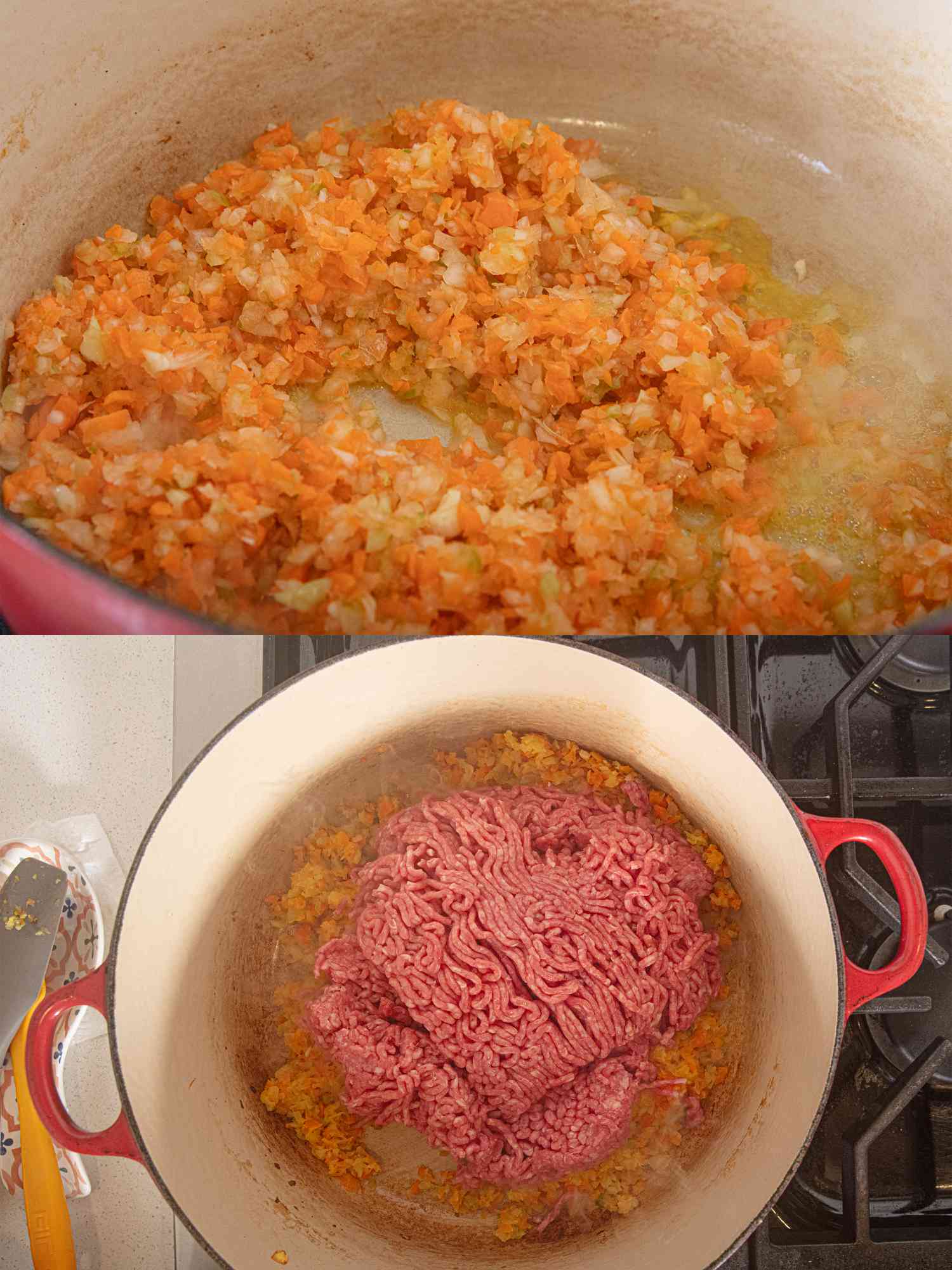 Two image collage of cooking aromatics and adding meat