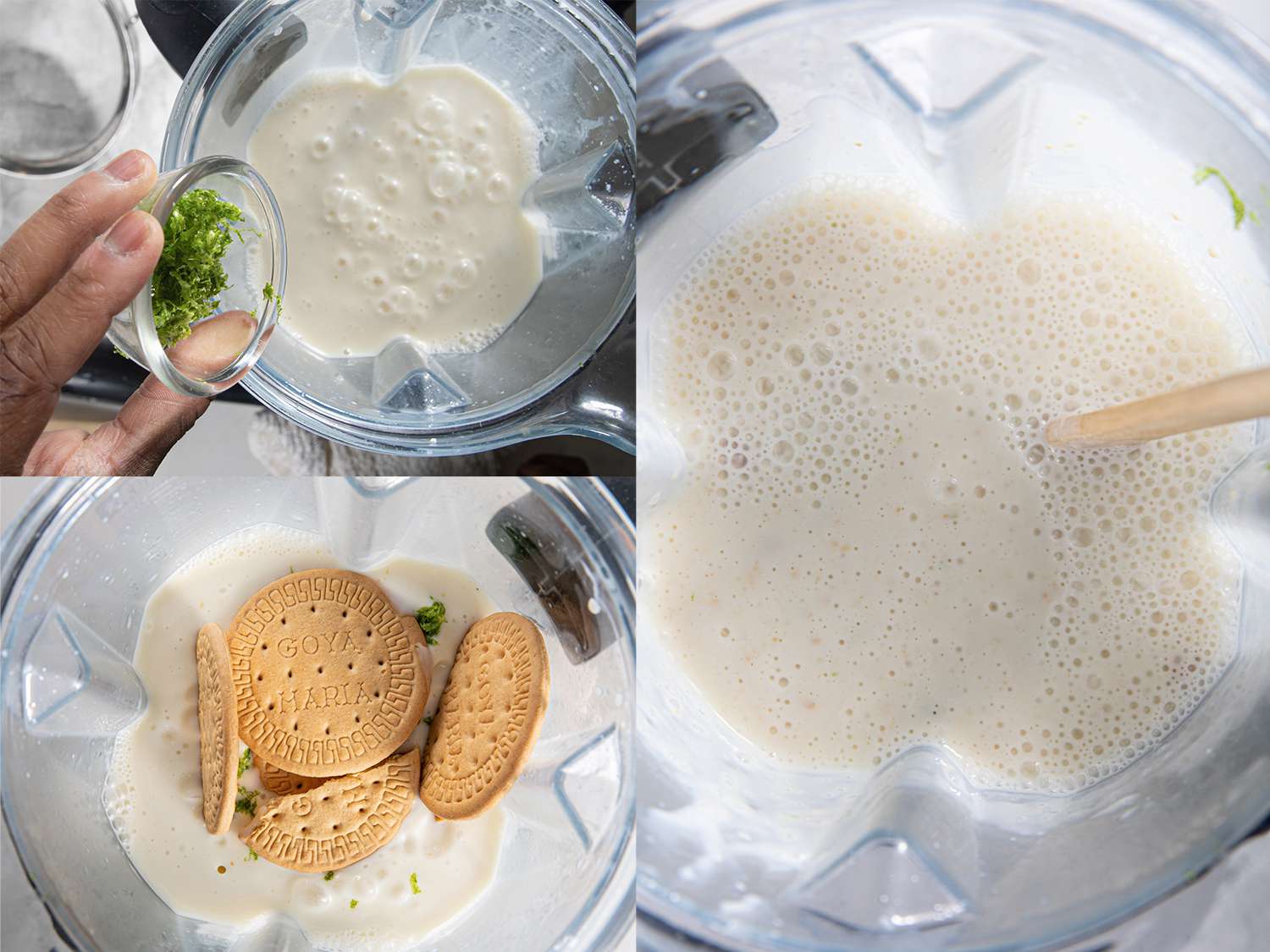 Three image collage showing the process of adding zest, and maria cookies, and pulsing the boli mixture