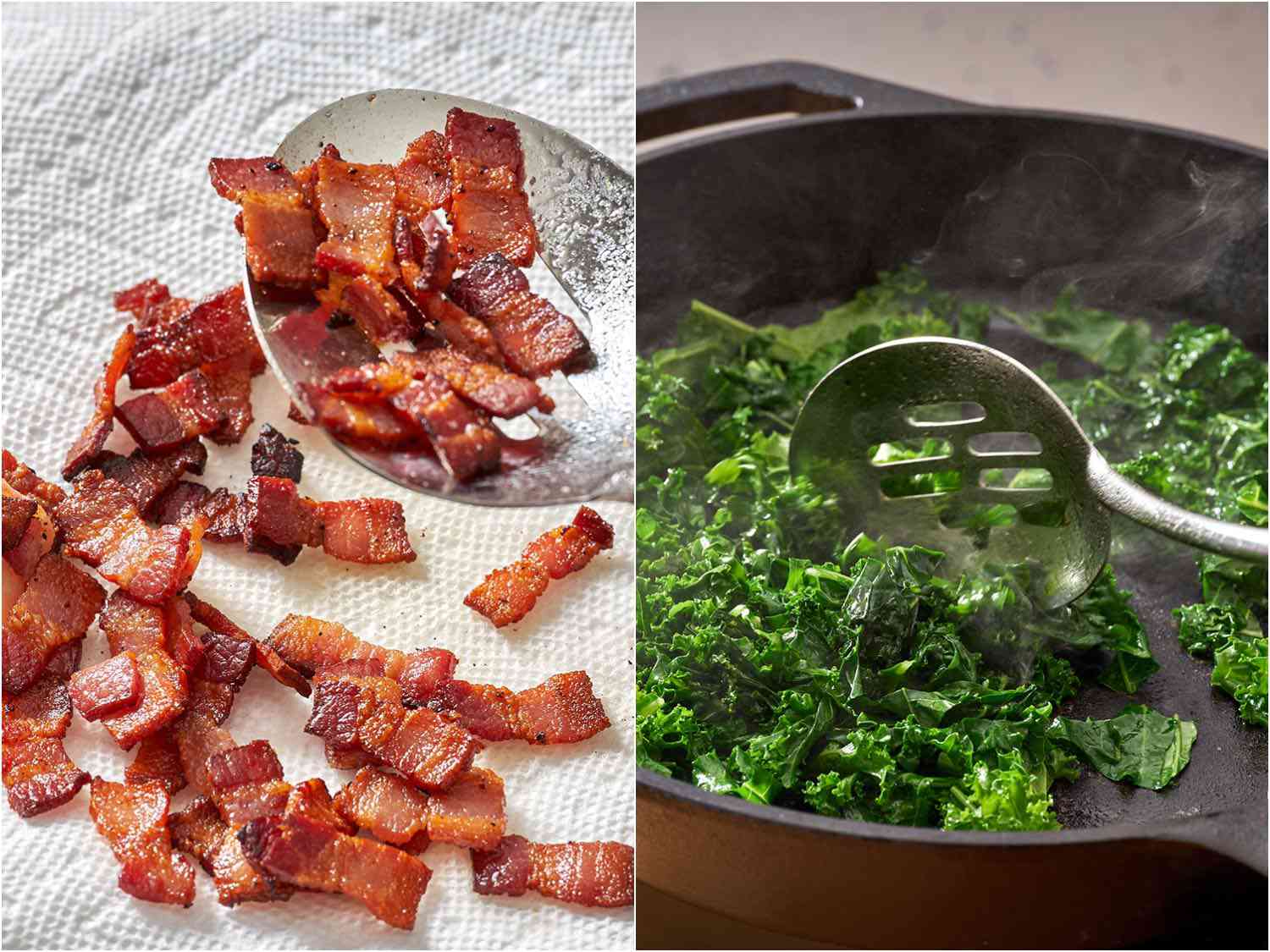 Side by side photos of cooked bacon and kale