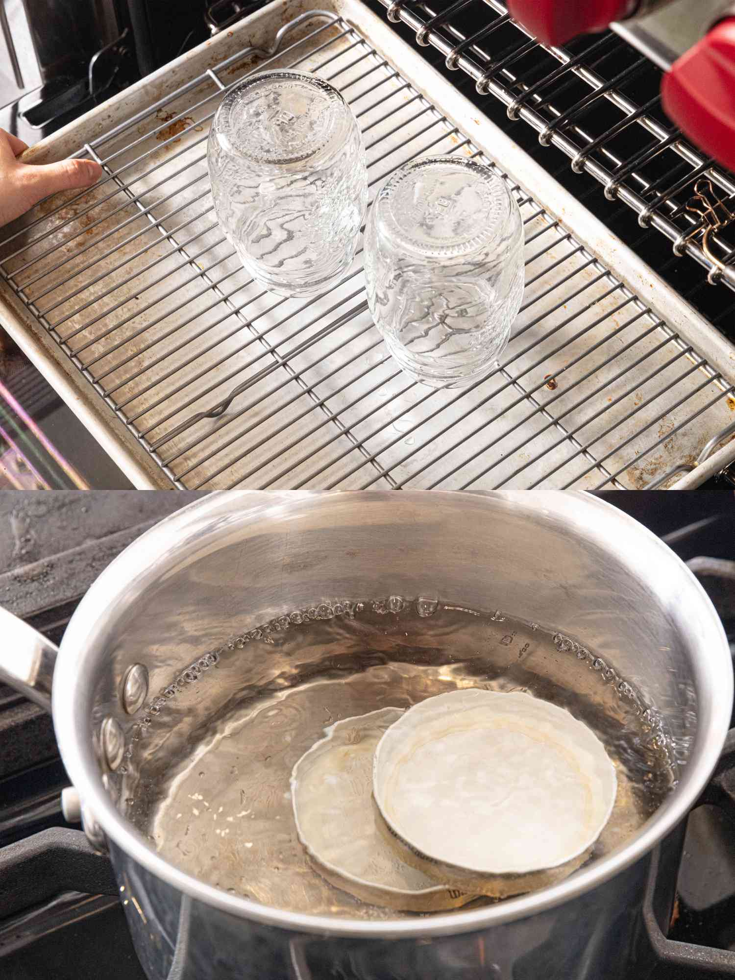 2 image collage. Top: Mason jars on a wire rack in a sheet pan in the oven. Bottom: boiling lids of mason jars 