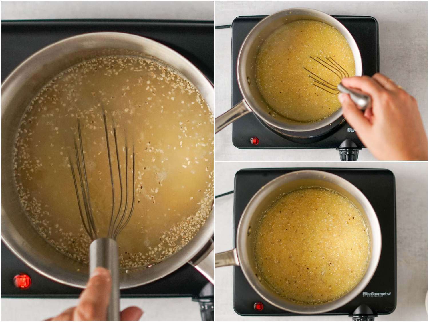 A collage of whisking grits in a saucepan. 