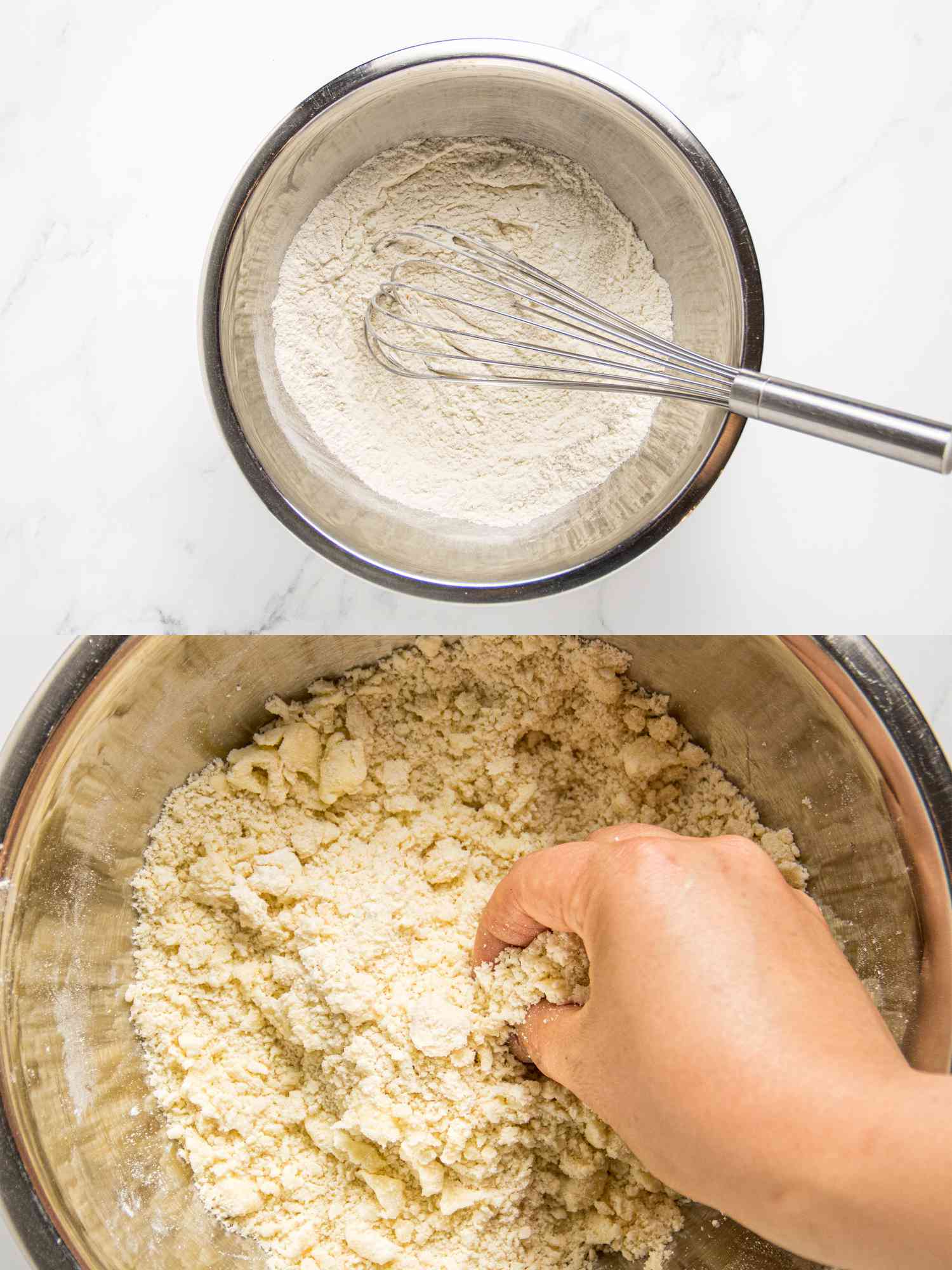 Mixing flour with a whisk in the first step, and blending with a hand in the second