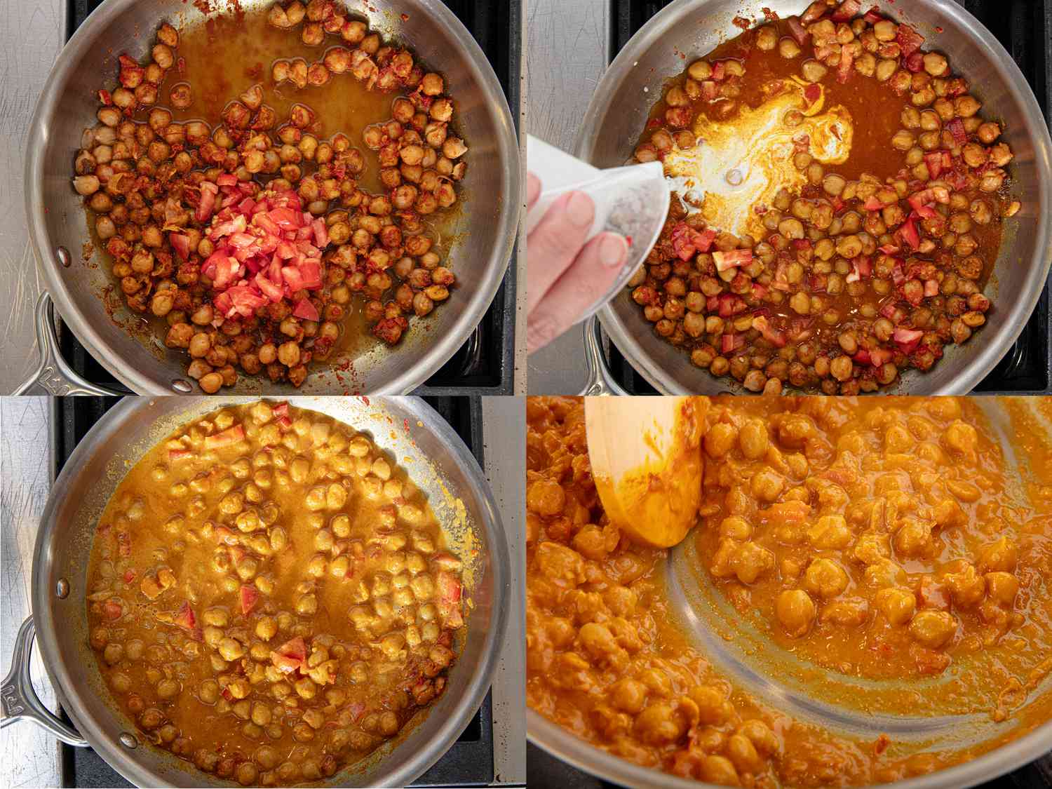 Four image collage of finishing chana masala