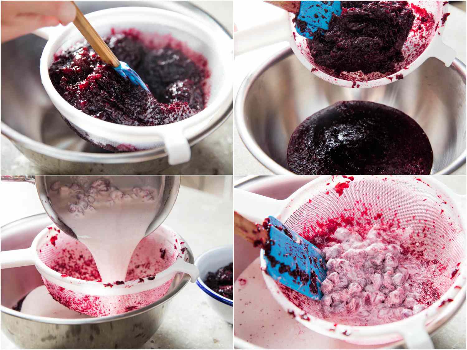 A photo collage of straining cherry bits from juice and adding cherry pit-steeped cream to juice.