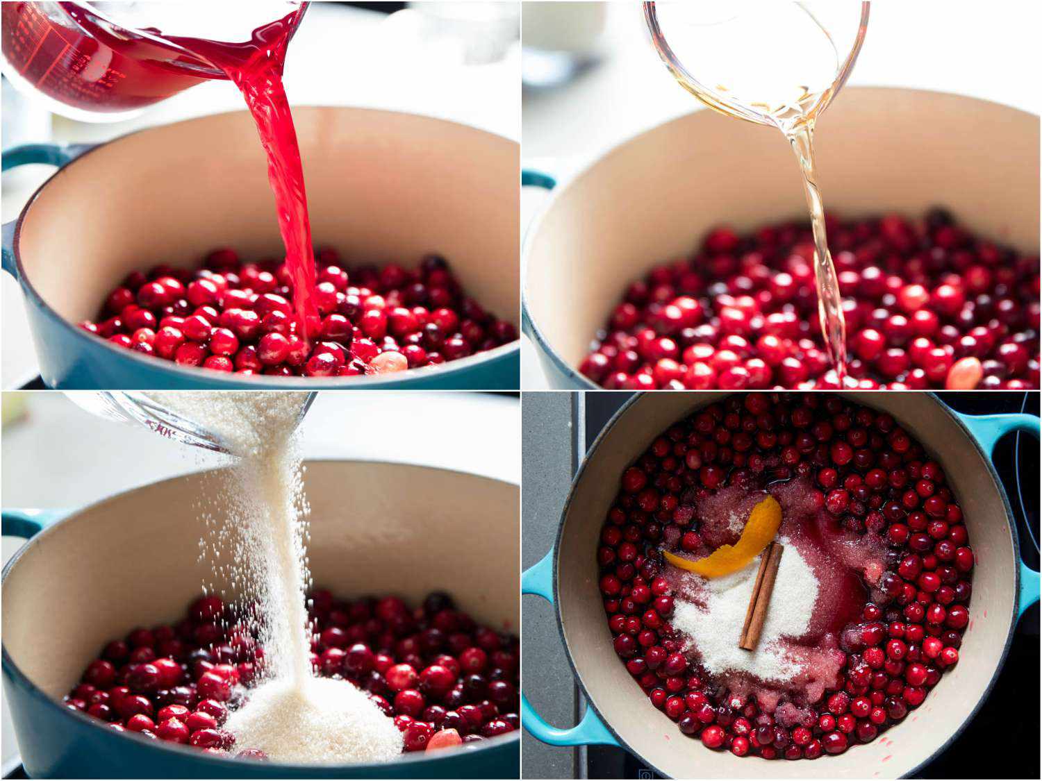 Collage of jam ingredients being added to a Dutch oven full of cranberries.