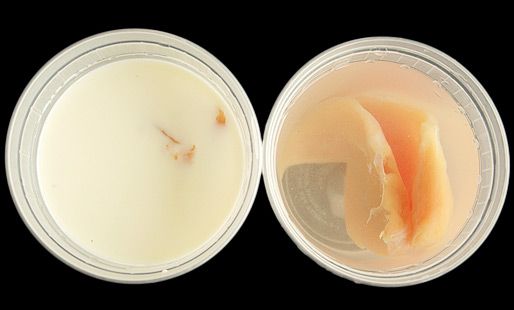 Boneless skinless chicken breasts brining in two different solutions in two deli containers.