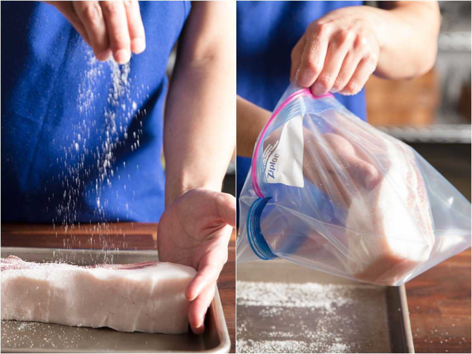 Photo collage of curing pork belly: salting pork belly, adding it to a plastic zip-top bag