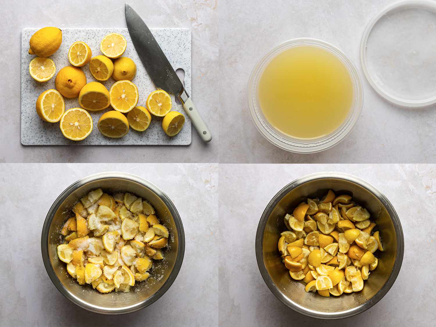 A four-image collage. The top left image shows a number of lemons cut in half on a plastic cutting board alongside a knife. The top right image shows lemon juice inside of a plastic half-pint deli container. The bottom left image shows the squeezed lemons, cut into quarters, tossed with sugar inside of a metal bowl. The bottom right image shows those same lemons after theyâve had an opportunity to macerate, which extracts juice and oils.