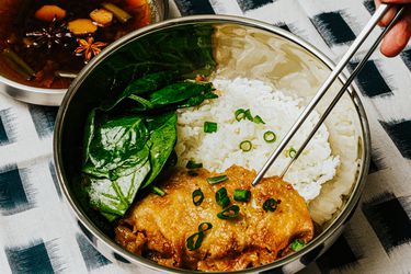 Overhead view of braised pork chops