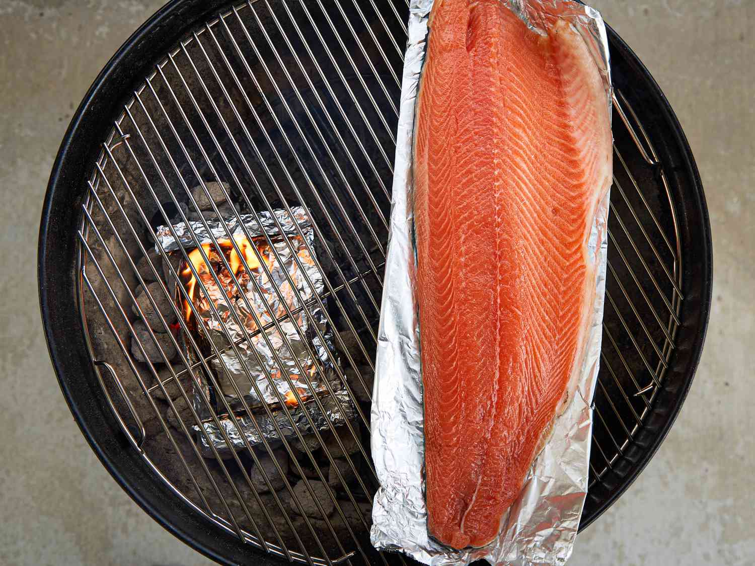 Overhead view of salmon on grill