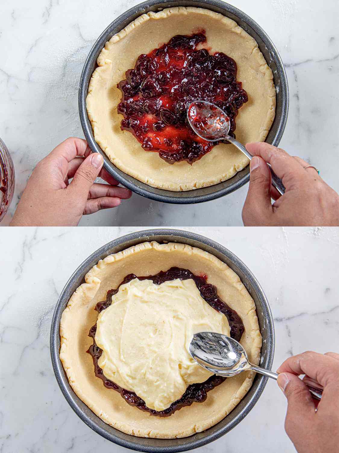 Two Image Collage of jam then cream being added to the pastry 