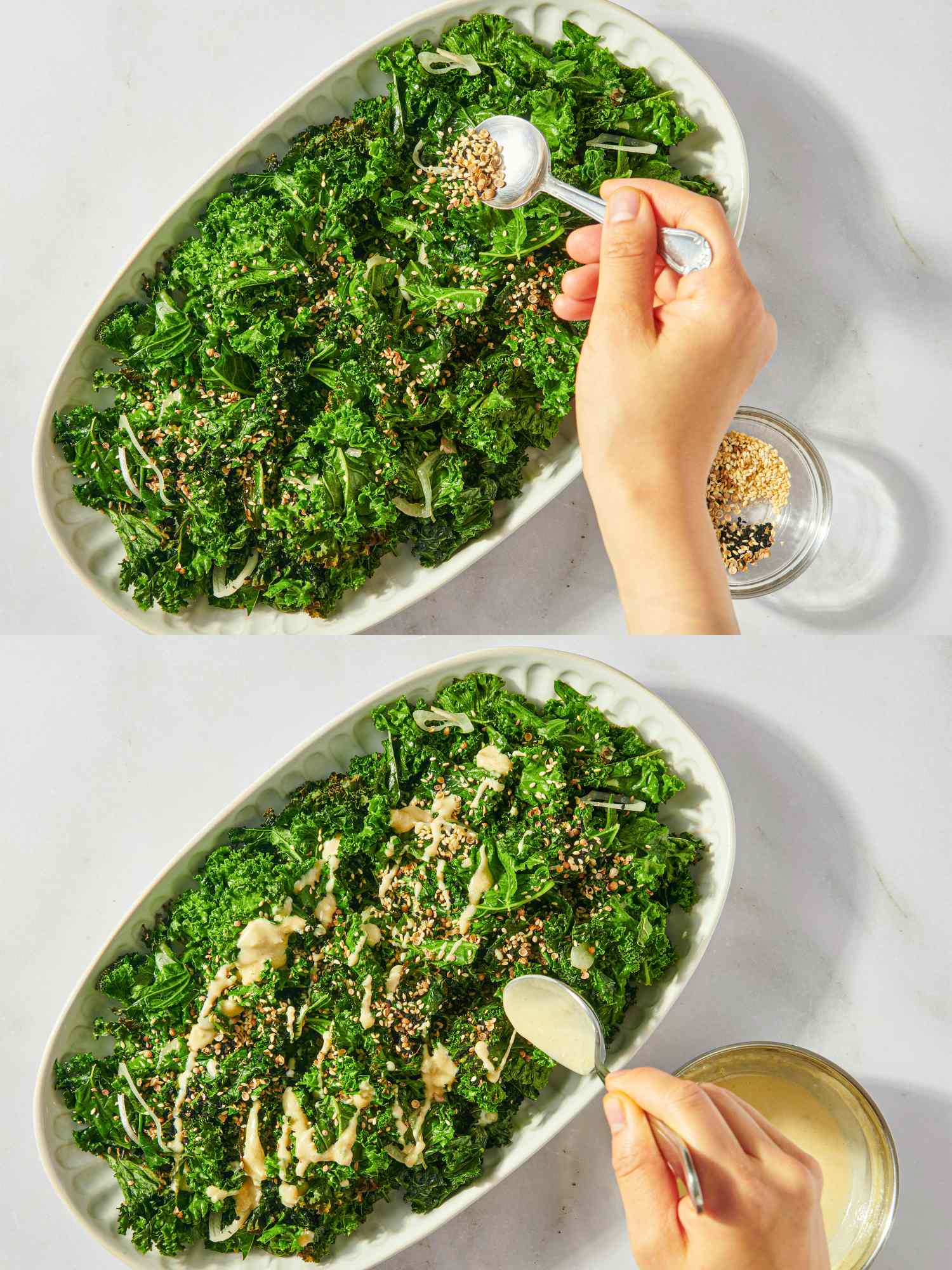Two images of kale being garnished with sesame seeds and a creamy dressing