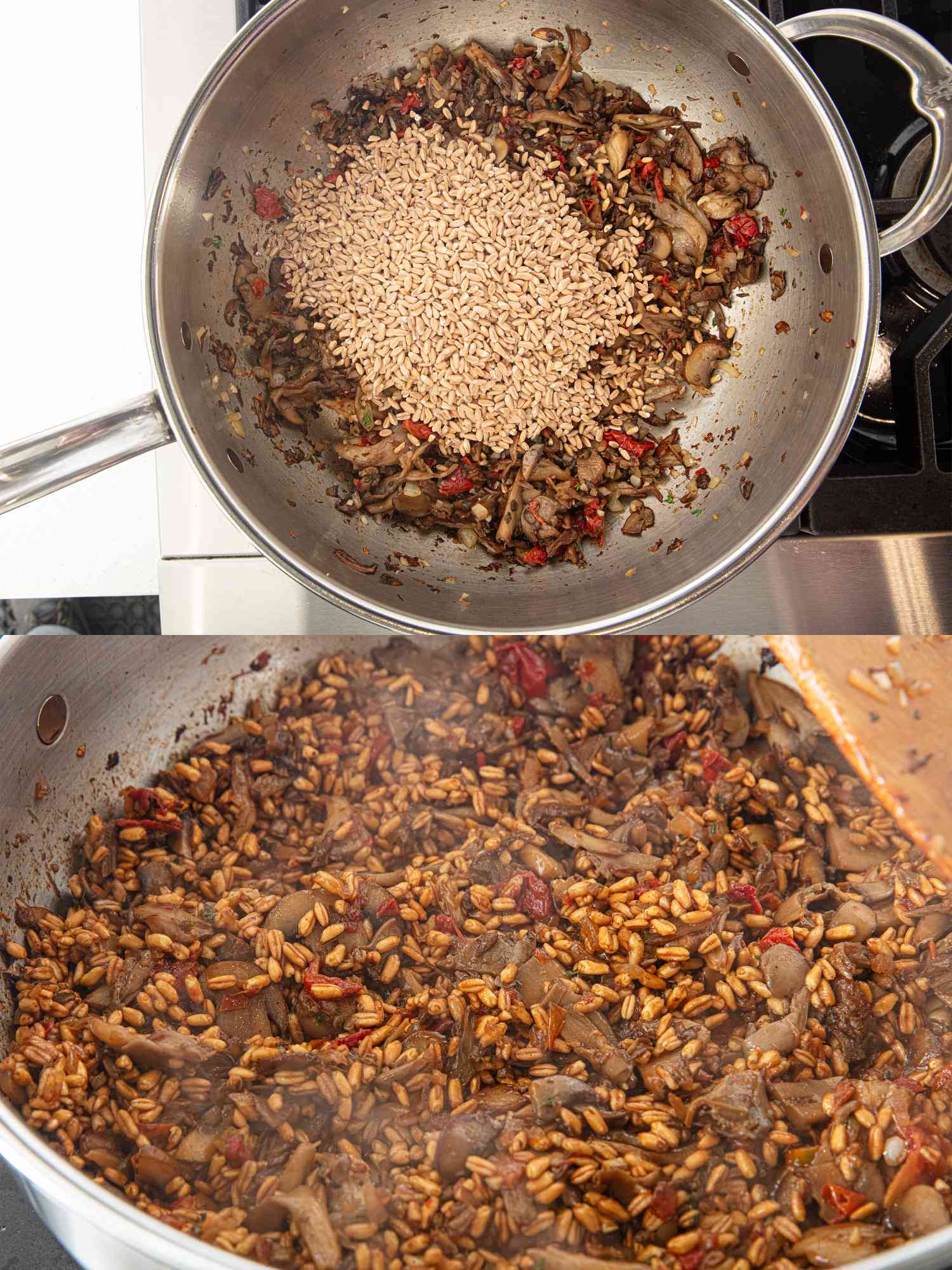 Two image collage of adding farrotto to mushroom mixture