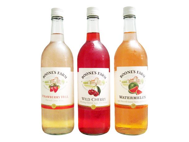 bottles of Boone's Farm Strawberry Hill, Wild Cherry, and Watermelon 
