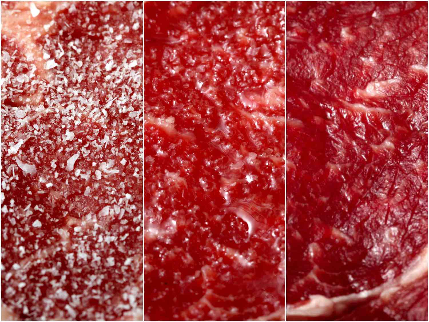 Photo showing three stages of salted steak.