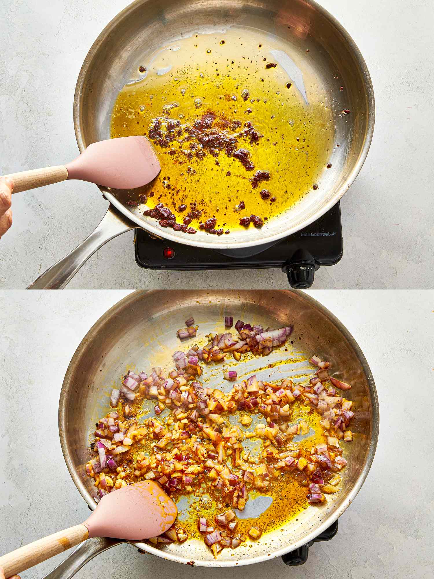 Cooking onions and garlic in oil in a frying pan stirring with a spatula