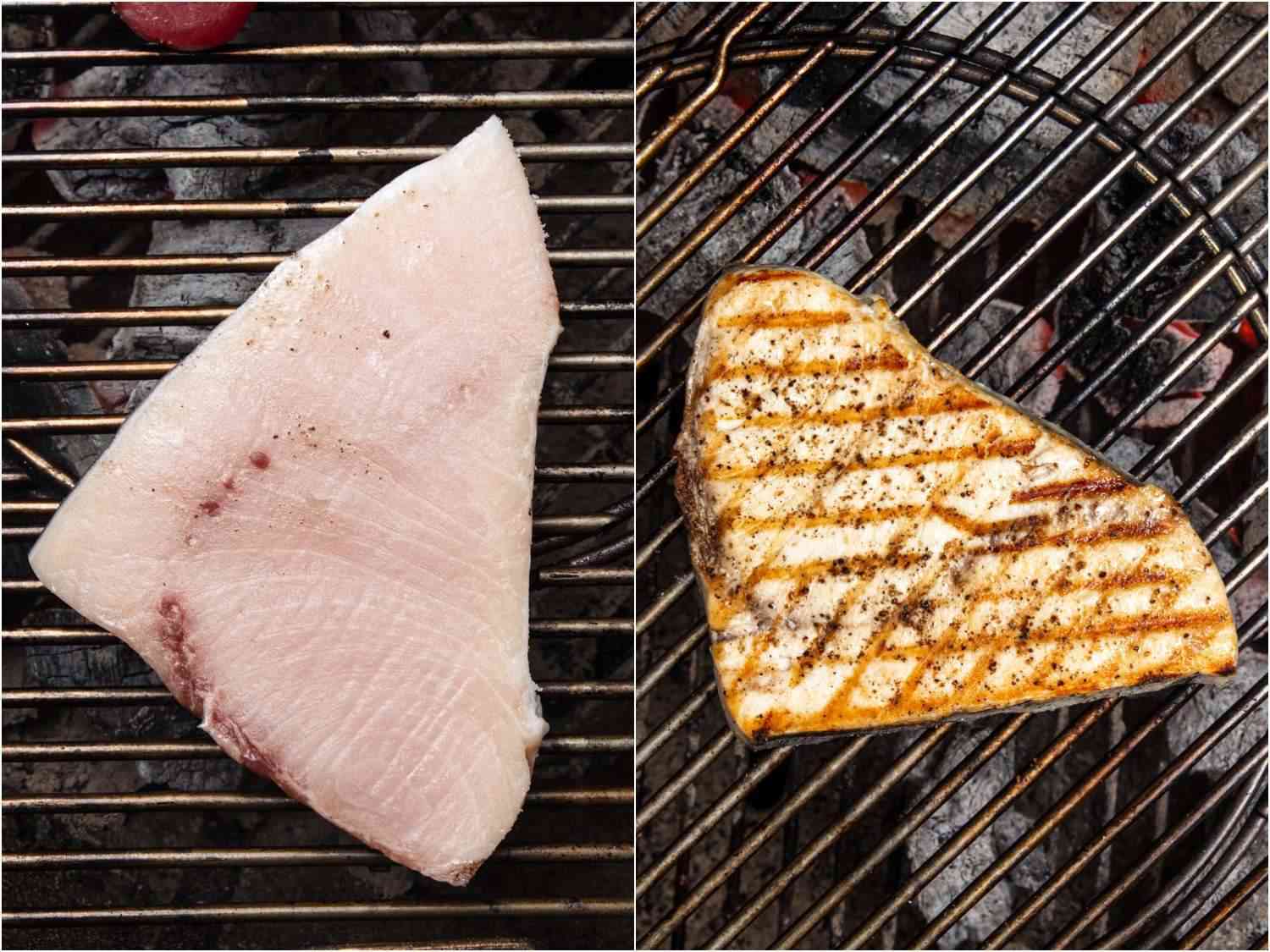 Two side-by-side images, one showing a raw swordfish steak that's just gone on the grill, the other showing the steak still on the grill, but nearly fully cooked, complete with crosshatched grill lines.