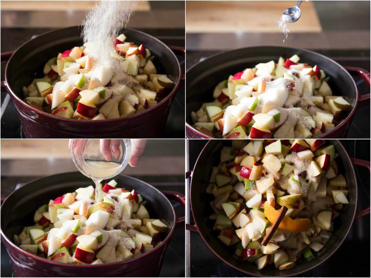 Collage of photographs of cooking apples for applesauce: adding sugar to a Dutch oven full of chopped apple, adding salt to the apples, adding apple cider vinegar, overhead shot of pot of apples with cinnamon stick and orange peel on top.