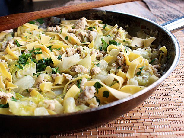 A pan of Hungarian chicken cabbage noodle soup.