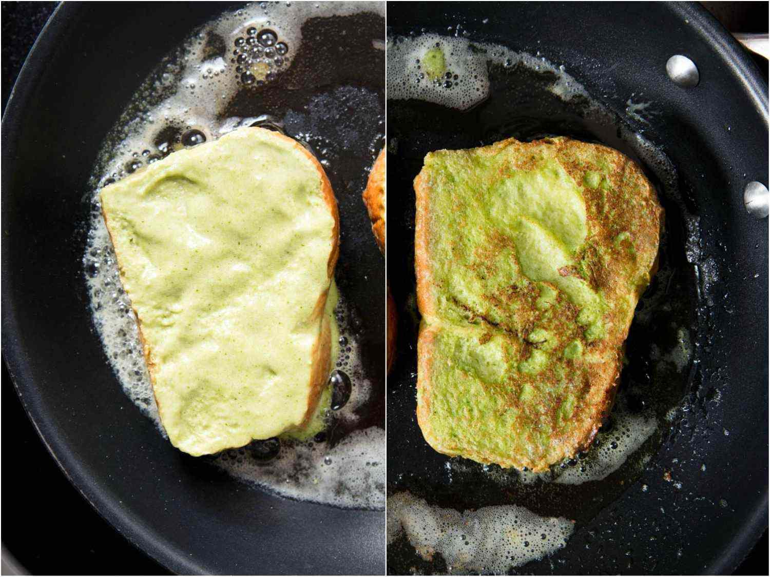 Collage of cooking process for savory French toast: one slice of soaked bread cooking in a skillet with butter, then the same slice cooking on the other side