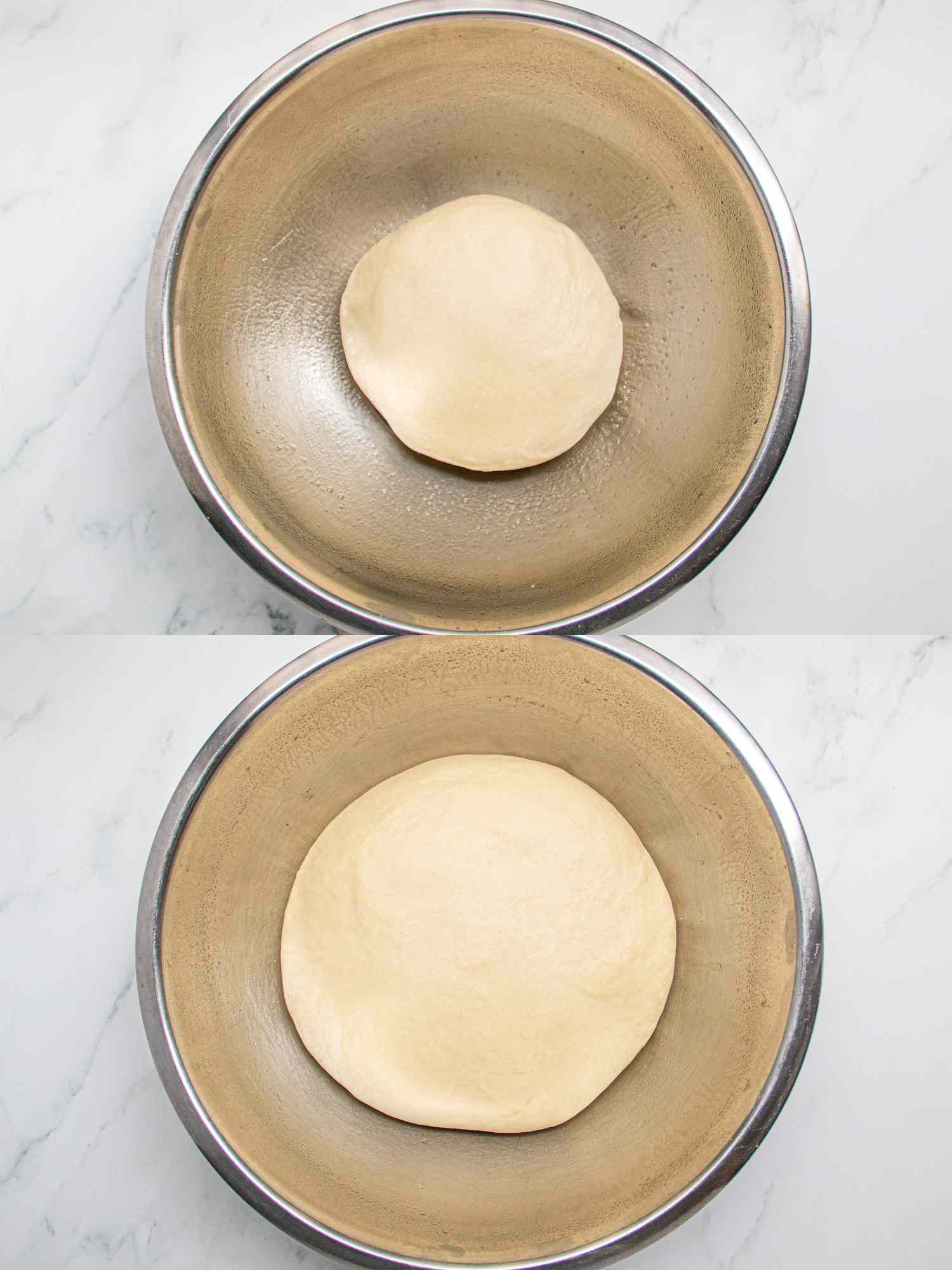 Two image collage of dough proofing in bowl