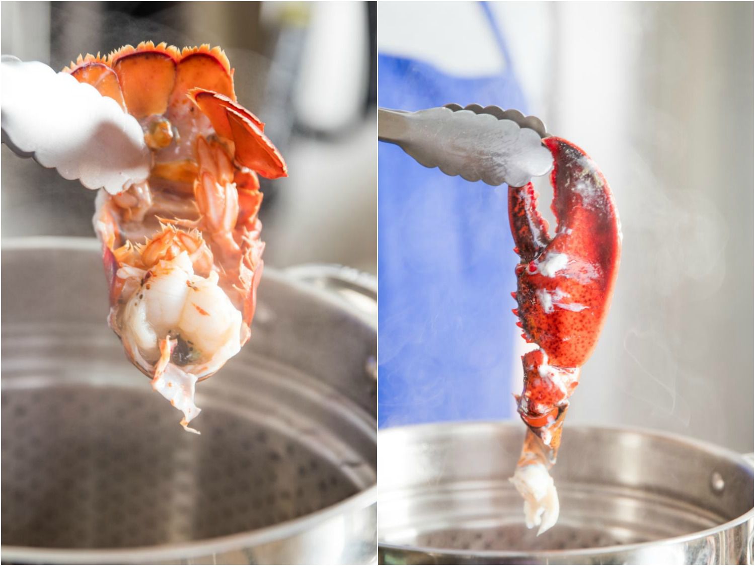 On the left: tongs lifting a cooked lobster tail from a large steamer basket. On the right: a cooked lobster claw is transferred from the steamer basket.