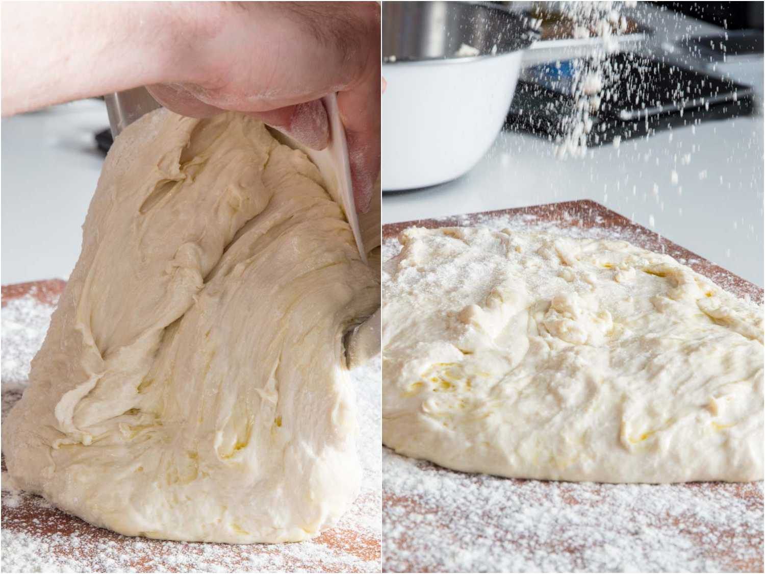 Side by side images showing turning out dough onto work surface after first rise and sprinkling flour on top of dough to start shaping it.
