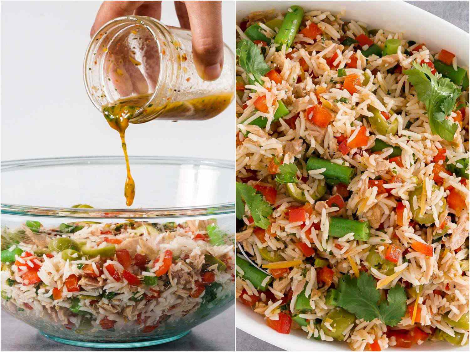 A two-image collage. The left image shows a hand pouring the salad dressing from the glass jar over the bowl of mixed ingredients. The right image is a close-up overhead shot of the mixed salad.