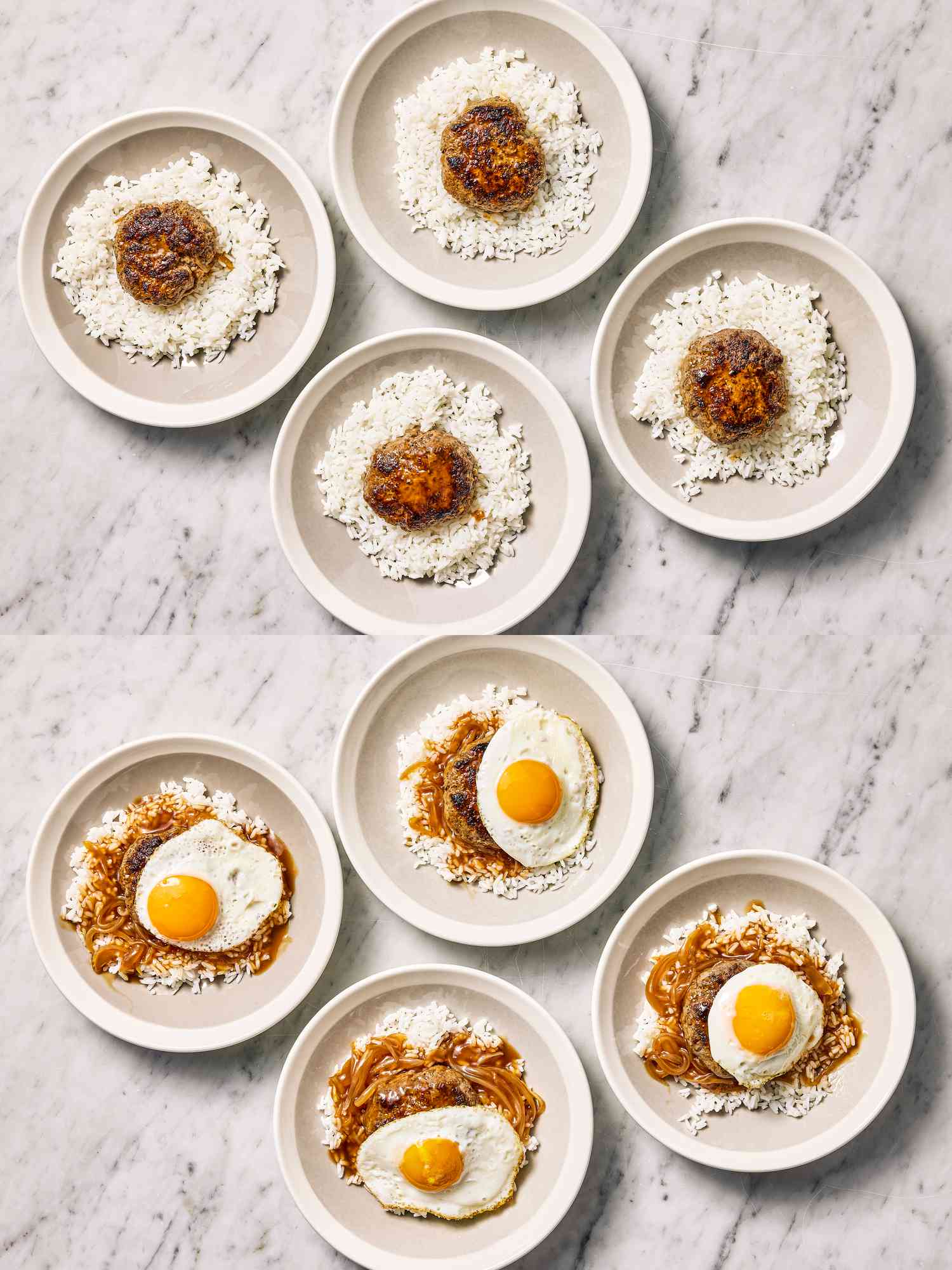 2 image college. Top: hamburger patties on paper plates. Bottom: onions, patties and eggs on rice on paper plates 