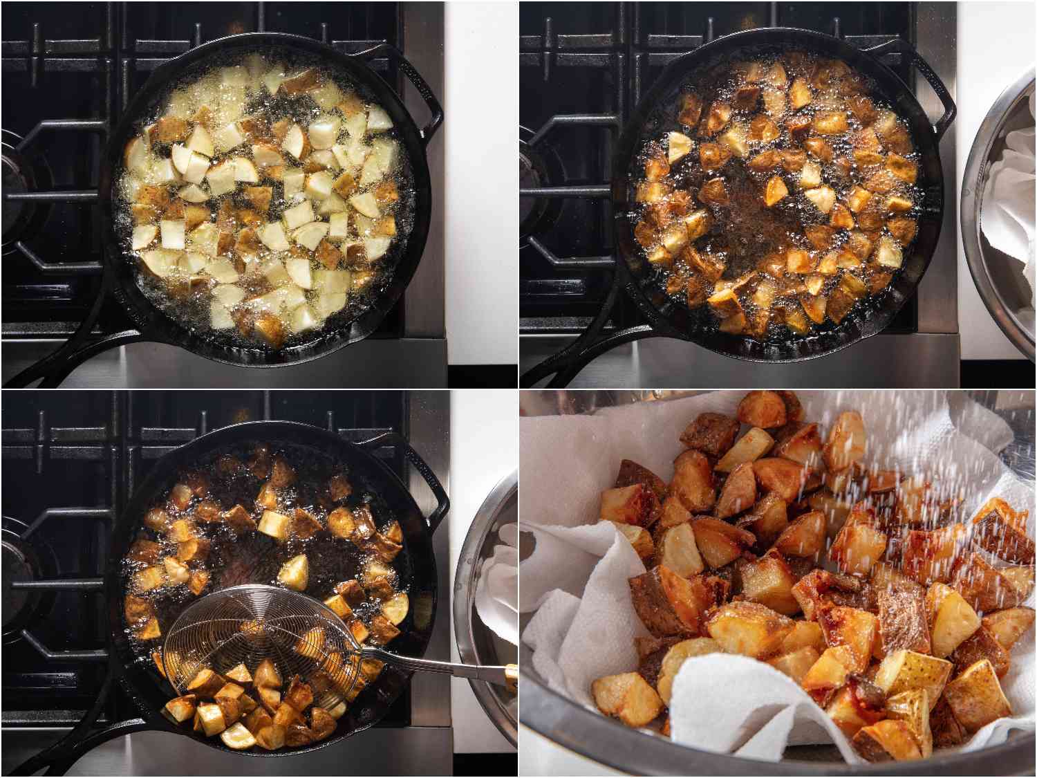Frying potatoes in a cast iron skillet until golden brown