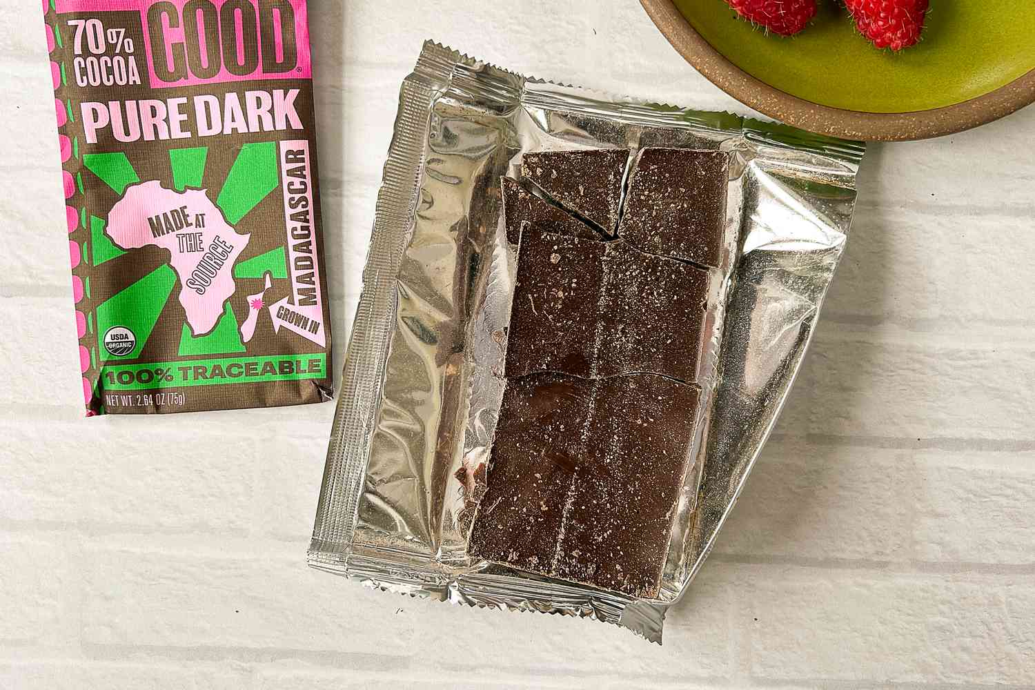 A package of Beyond Good Pure Dark 70% open next to the wrapper