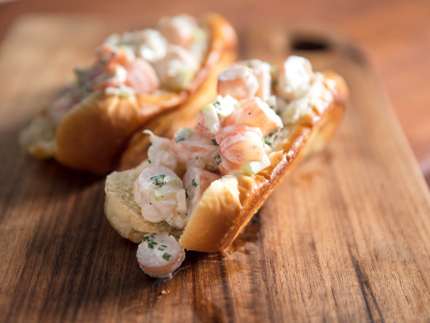 Front view of two New England shrimp rolls