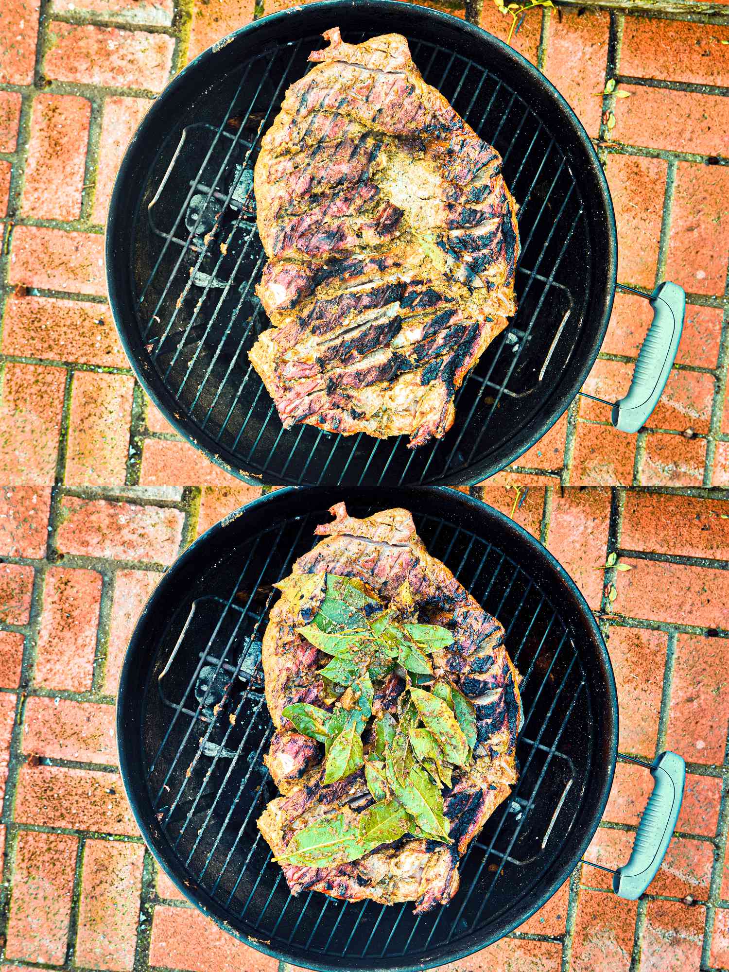 Two image collage of pork cooking on grill